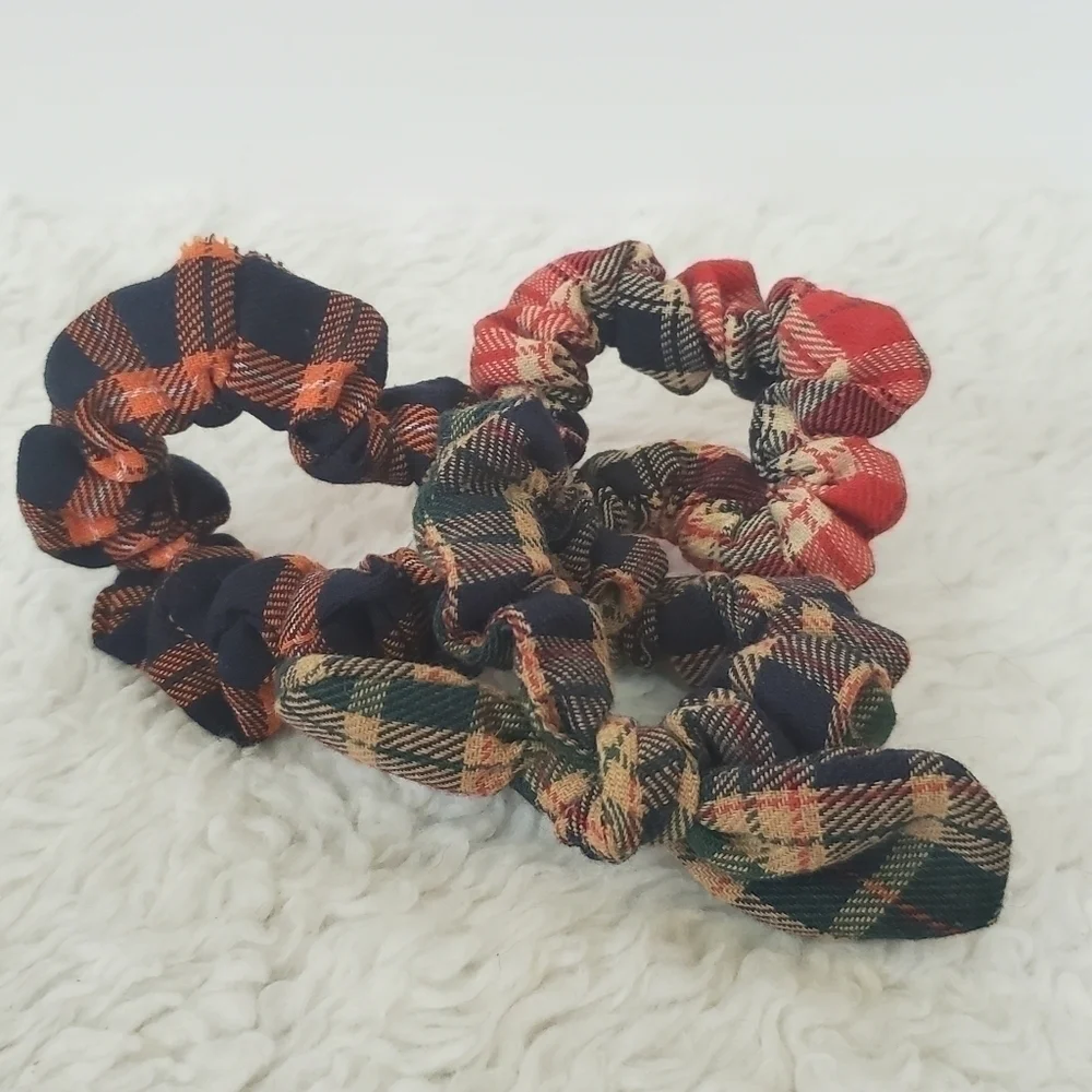 3 Pack Orange Navy Blue Red Green Tan Plaid Bow Scrunchie Set NWT